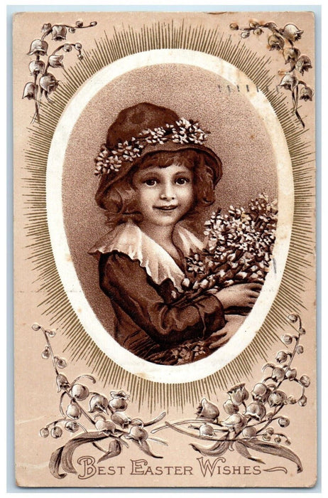 1911 Easter Wishes Girl Flowers Pip Berry Bundle Embossed Buffalo NY Postcard