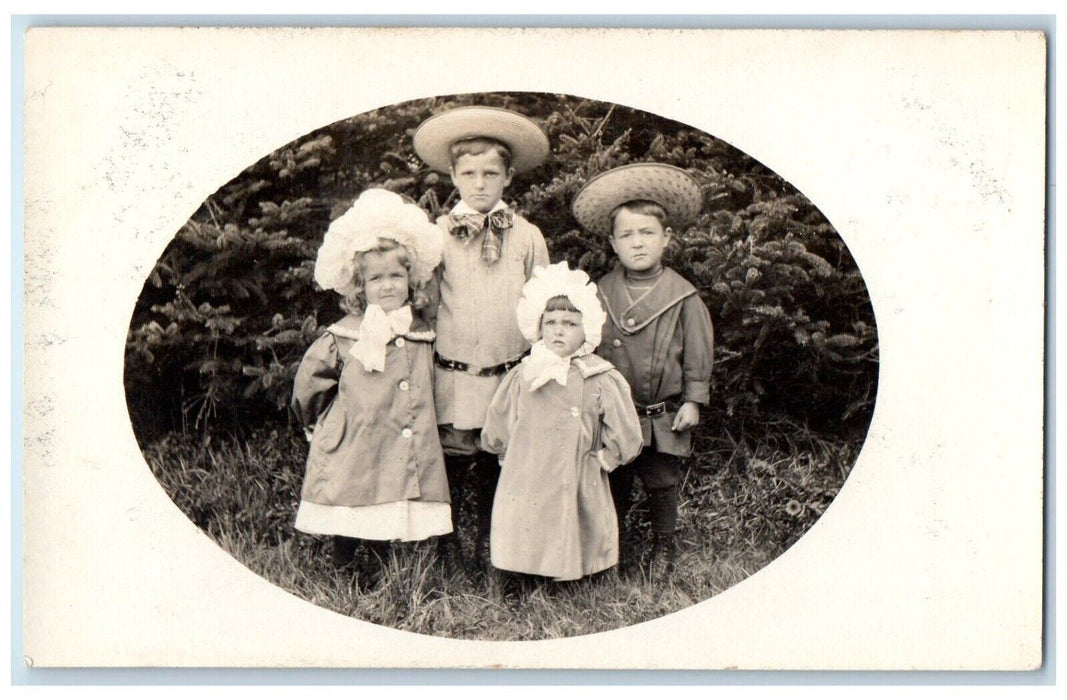 c1909 Candid Children Boys Girls Siblings Hat Coats RPPC Photo Unposted Postcard