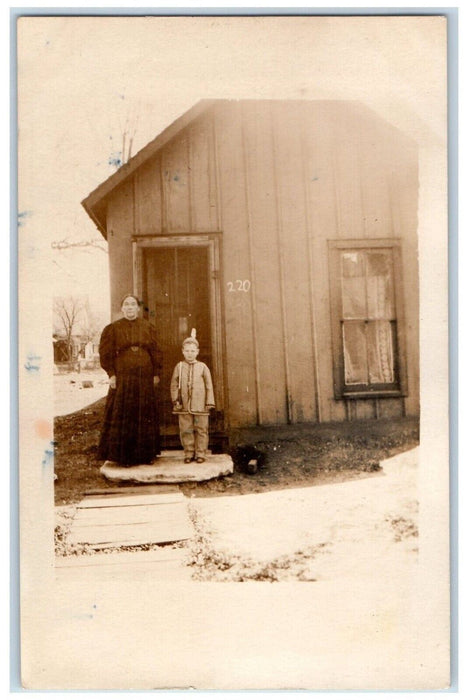 c1910s Candid Mother Son Woman Child Native American Costume RPPC Photo Postcard