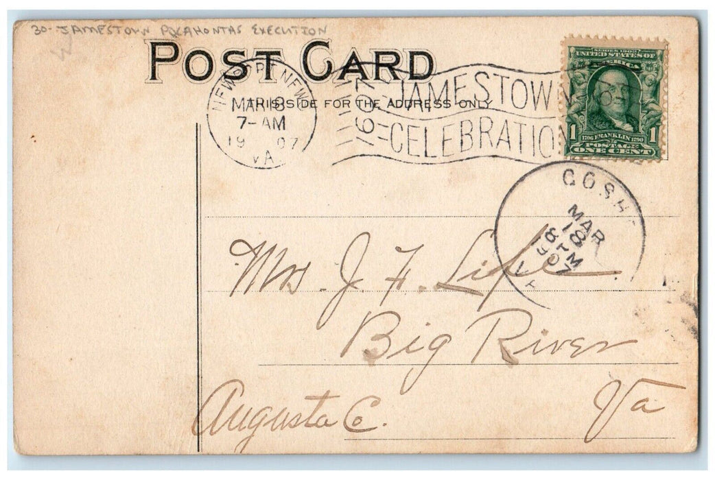 1907 Jamestown Pocahontas Execution Of Capt. John Smith Newport News VA Postcard