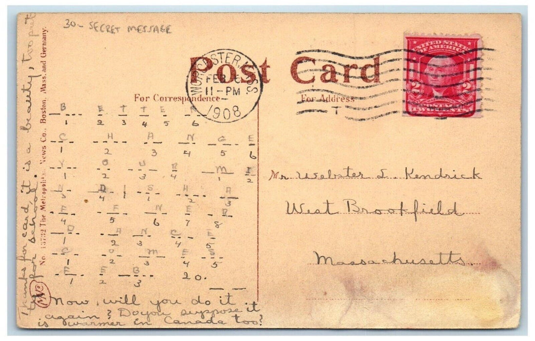 1908 Lincoln Park Lake Quinsigamond Worcester MA, Secret Message Posted Postcard