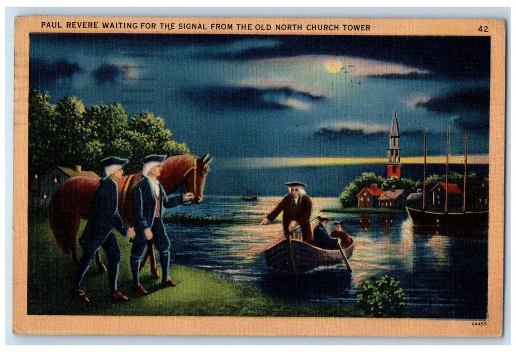 1942 Paul Revere Waiting For The Signal From Old North Church Tower Postcard