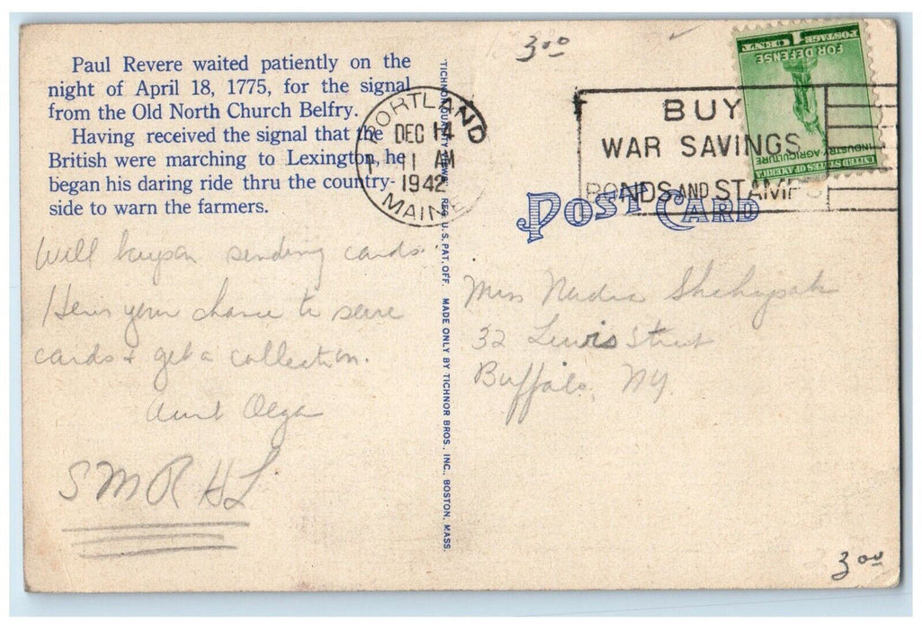 1942 Paul Revere Waiting For The Signal From Old North Church Tower Postcard