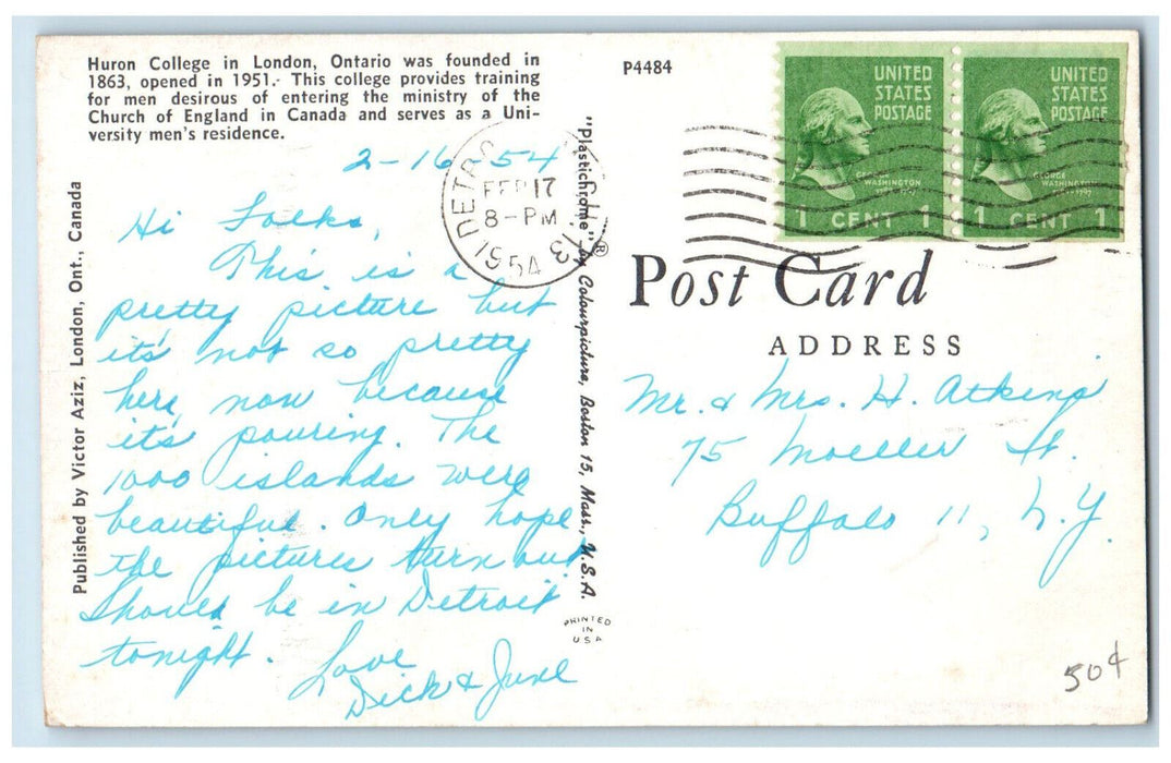 1954 Huron College London Ontario Canada Vintage Posted Victor Aziz Postcard