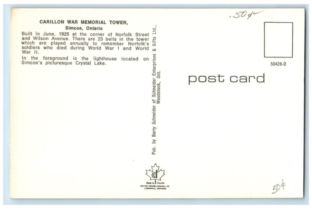 c1960's Carillon War Memorial Tower Simcoe Ontario Canada Vintage Postcard