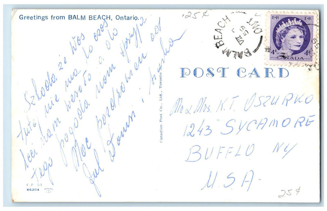 1959 Greetings from Balm Beach Ontario Canada Vintage Posted Postcard