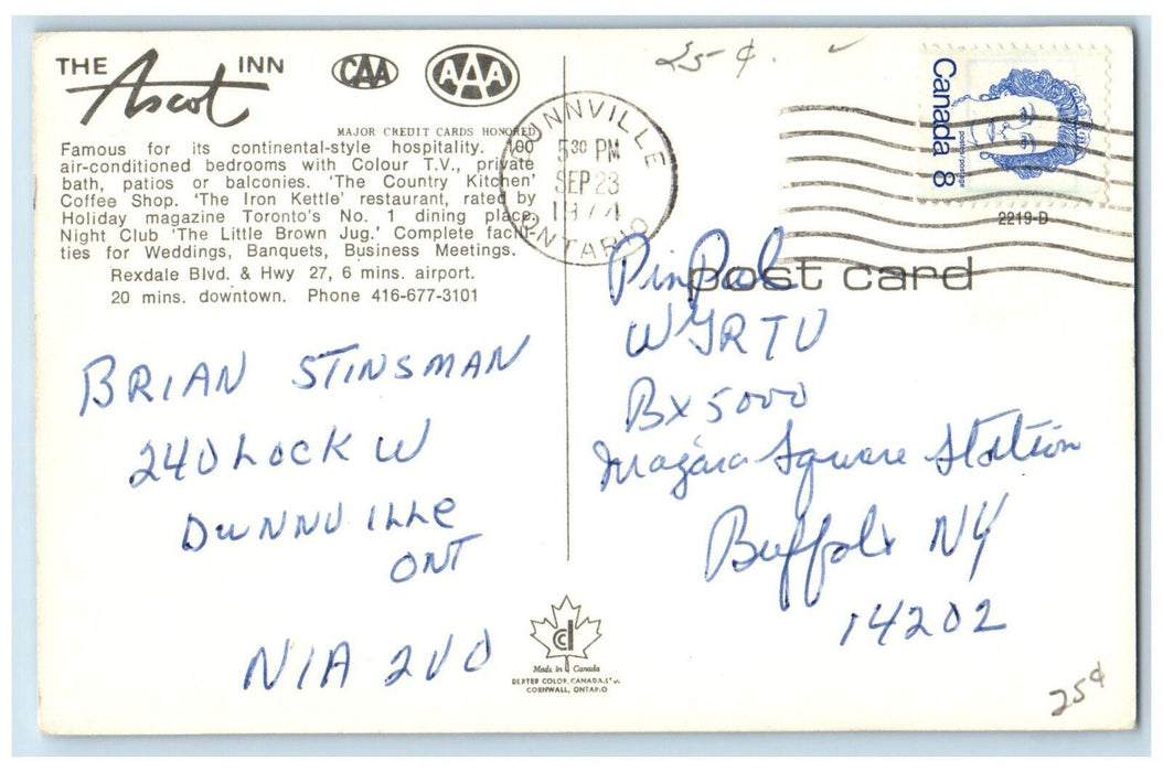 1974 The Ascot Inn Night Club Toronto Ontario Canada Vintage Posted Postcard
