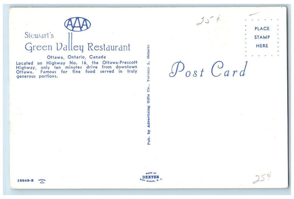 c1960's Stewart's Green Valley Restaurant Ottawa Ontario Canada Postcard