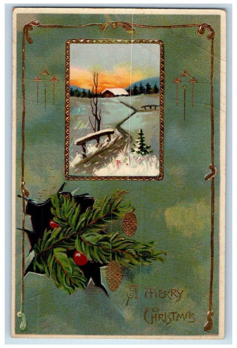 1912 Christmas Berries Pine Cone Winter Gel Gold Gilt Greencastle PA Postcard