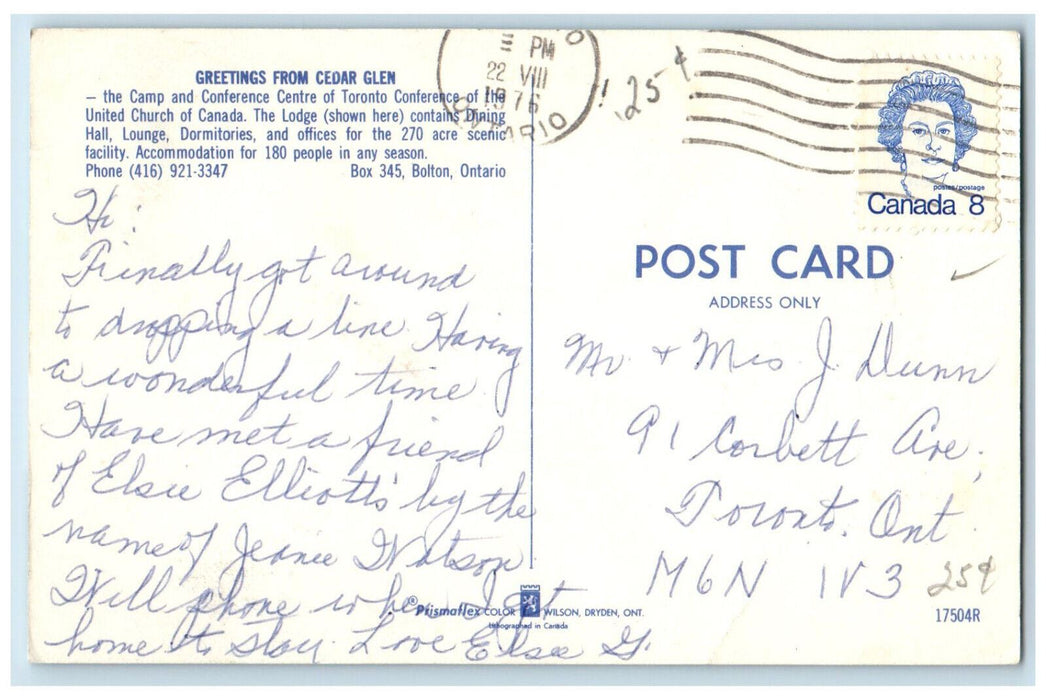 1976 Greetings from Cedar Glen Bolton Ontario Canada Vintage Postcard