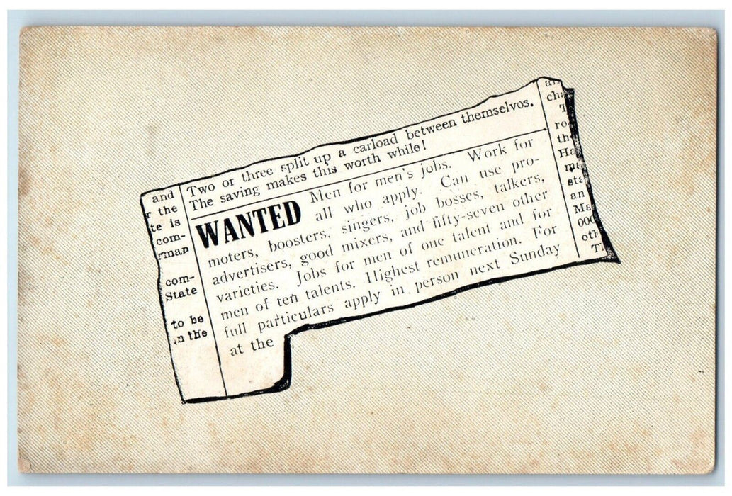 c1910's Mens Jobs Wanted Newspaper Article Unposted Antique Postcard
