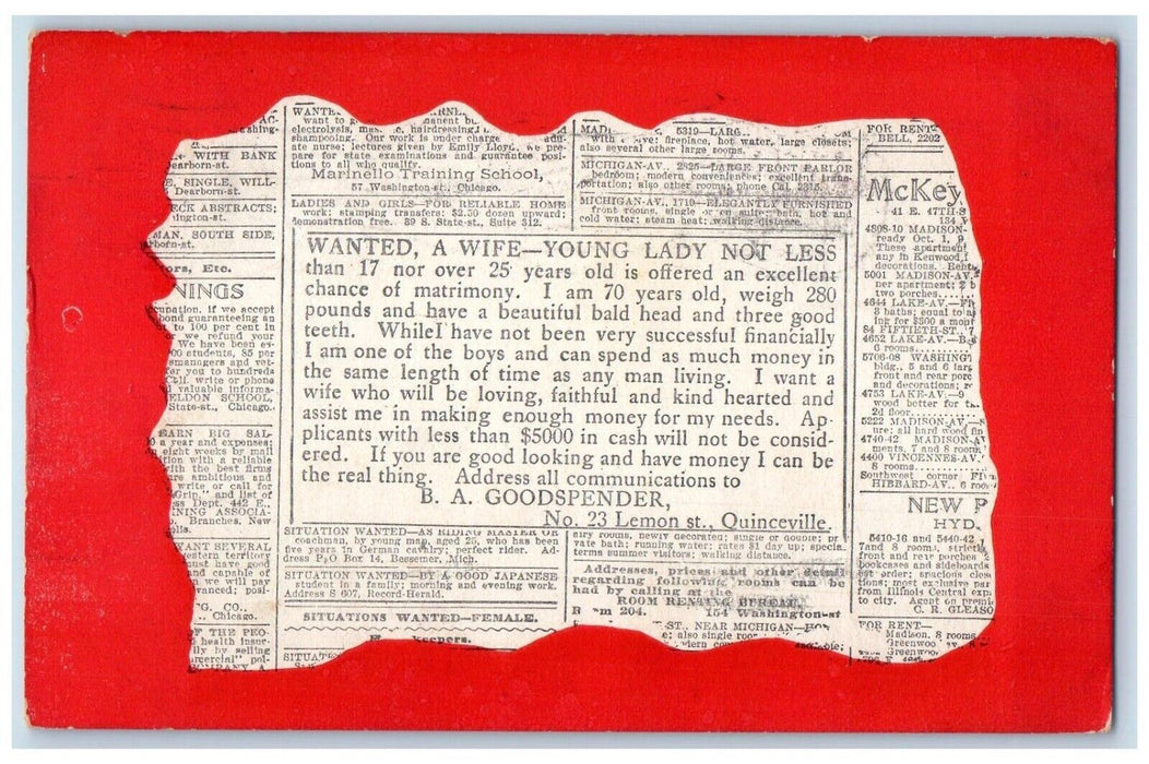 1919 Wife Wanted Newspaper Article Classified Shelbyville IN Antique Postcard
