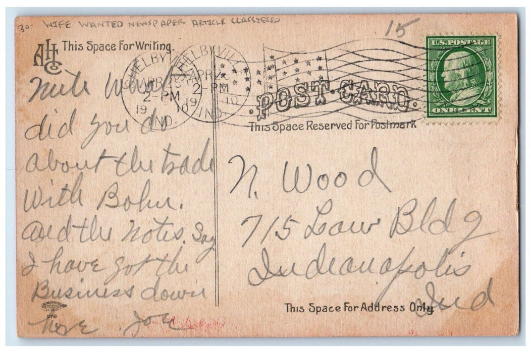 1919 Wife Wanted Newspaper Article Classified Shelbyville IN Antique Postcard