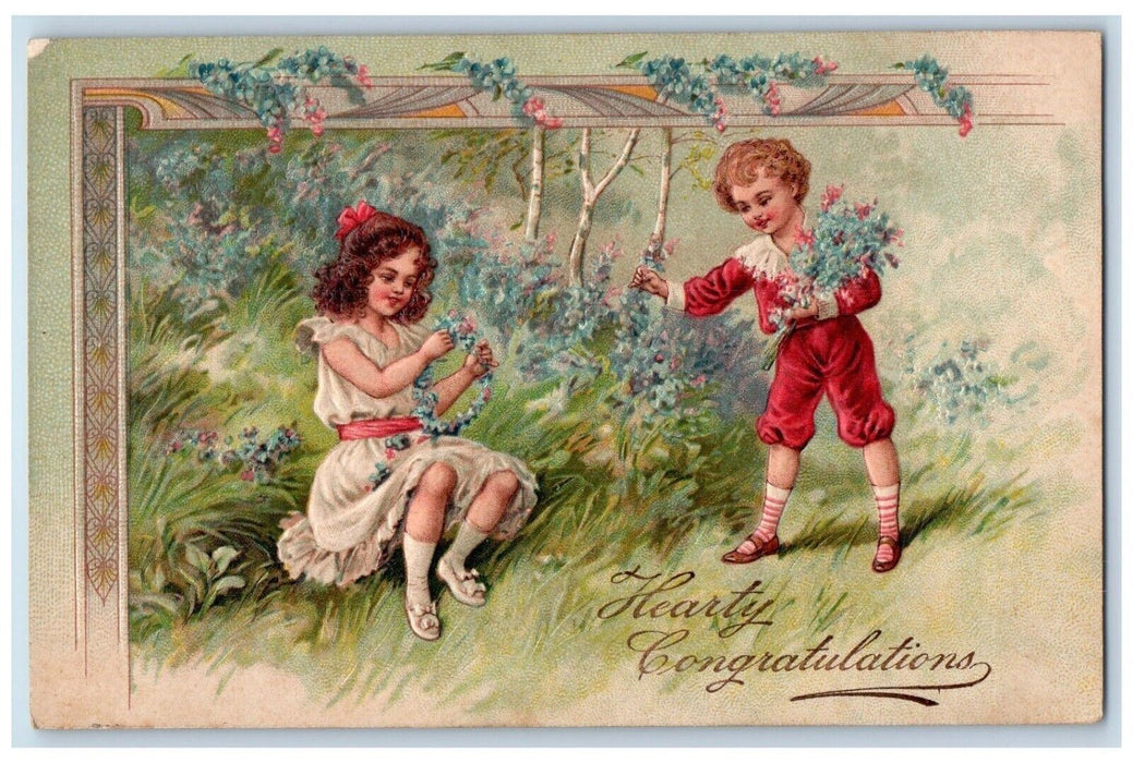 c1910's Hearty Congratulations Childrens Pansies Flowers Embossed Postcard