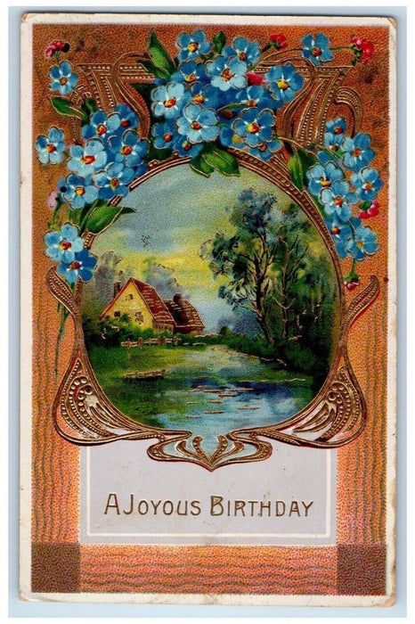 c1910's Birthday Pansies Flowers House Gel Gold Gilt Embossed Antique Postcard