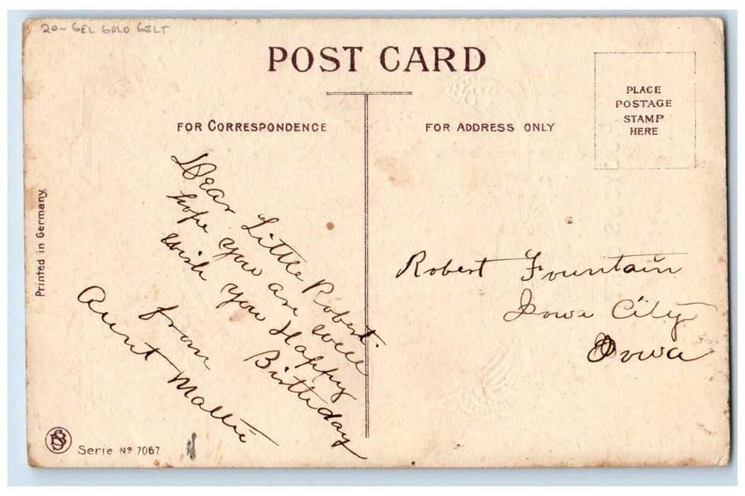 c1910's Birthday Pansies Flowers House Gel Gold Gilt Embossed Antique Postcard