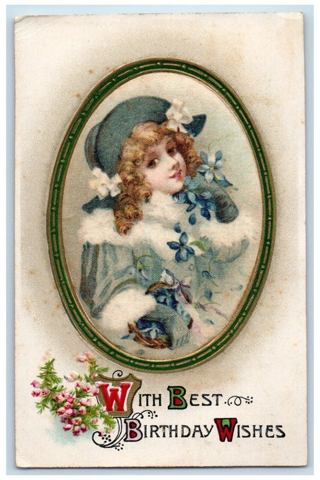1910 Birthday Wishes Pretty Woman Flowers Winsch Back Embossed Silk Postcard