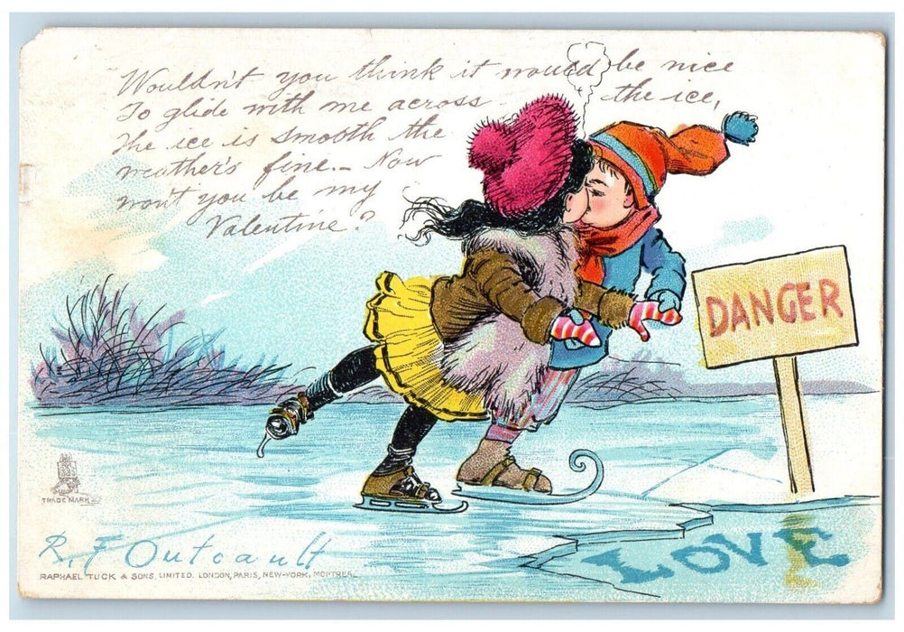 1907 Couple Kissing Ice Skating Danger Sign Outcault Washington DC Postcard
