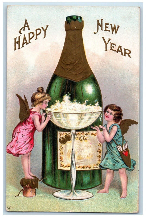 1909 Happy New Year Angels Glass Champagne Embossed Posted Antique RPO Postcard