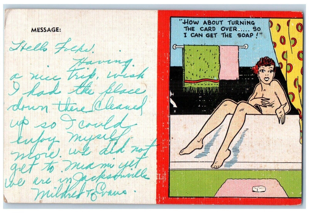c1940's Woman Nude Bathtub Soap Towel Curtain Risque Unposted Vintage Postcard
