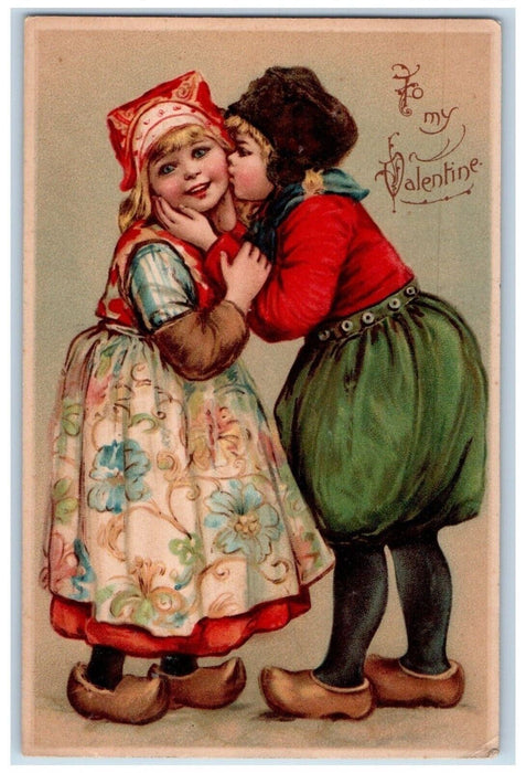 1906 Valentine Dutch Girl Boy Kissing Cheeks Willimantic CT Antique Postcard