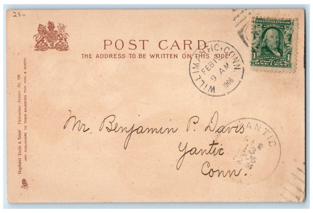 1906 Valentine Dutch Girl Boy Kissing Cheeks Willimantic CT Antique Postcard