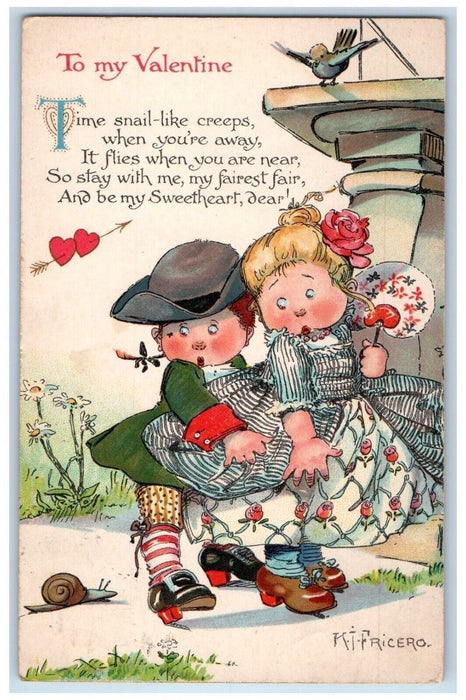 c1910's Valentine Children Scared Snail Bird Fan Posted Antique RPO Postcard