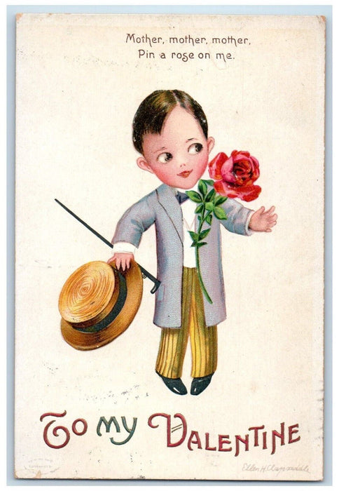 c1910's Valentine Boy Pink Rose Ellen Clapsaddle Artist Signed Embossed Postcard