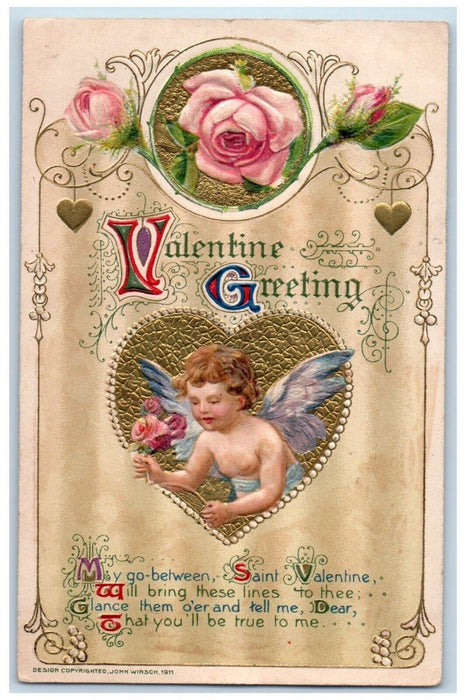 Valentine Greetings Angel Flowers John Winsch Artist Signed Embossed Postcard