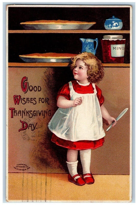 c1910's Thanksgiving Day Little Girl Pie Clapsaddle Embossed Antique Postcard