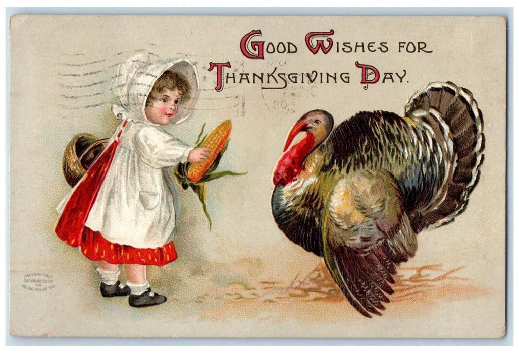 Thanksgiving Day Little Girl Feeding Turkey Corn Clapsaddle Embossed Postcard