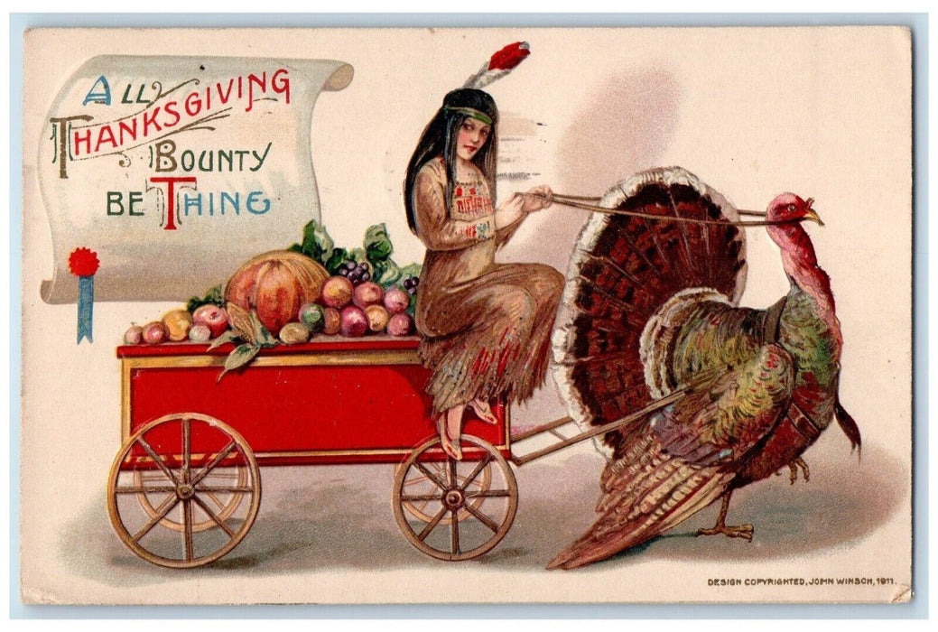 Thanksgiving Day Bounty Turkey Pulling Wagon John Winsch Artist Signed Postcard