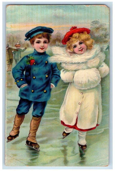 c1910's Children Ice Skating Handwarmer Embossed Posted Antique Postcard