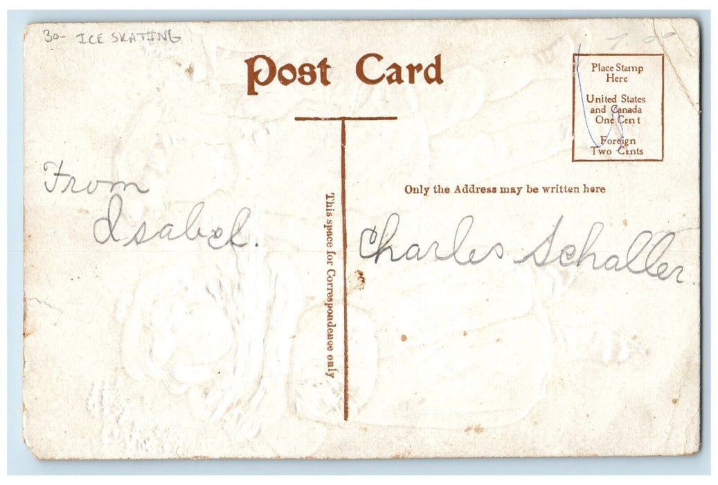 c1910's Children Ice Skating Handwarmer Embossed Posted Antique Postcard