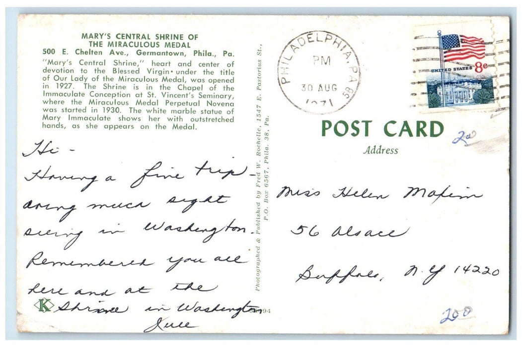 1971 Mary's Central Shrine Miraculous Medal Chelten Ave Philadelphia  Postcard