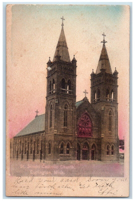 1908 St. Simon Catholic Church Exterior Building Lucington Michigan MI Postcard