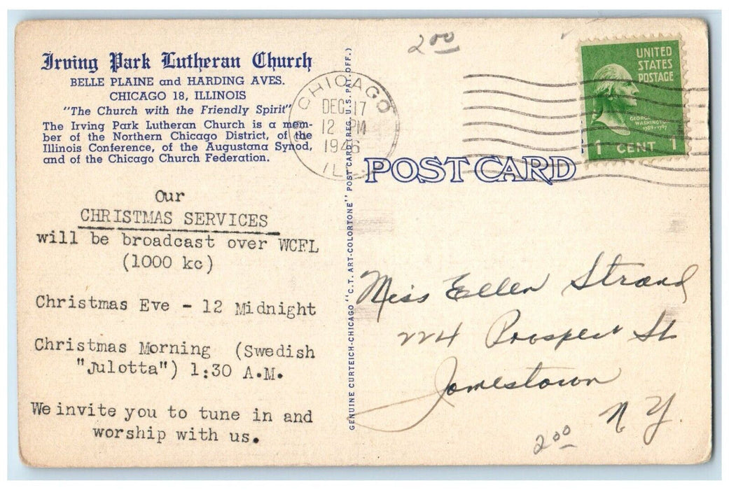 1946 Irving Park Lutheran Belle Plaine Harding Church Chicago Illinois Postcard