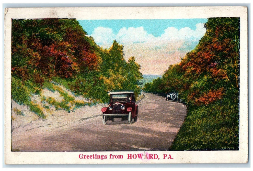 Greetings From Howard Pennsylvania PA, Cars Dirt Road Scene Vintage Postcard
