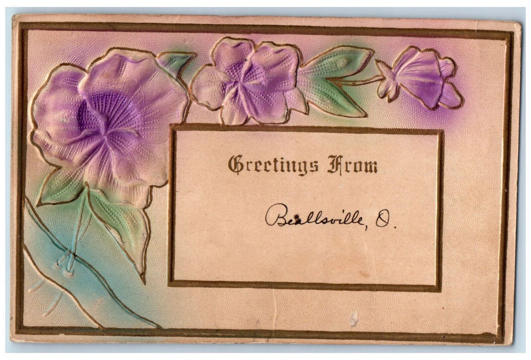 c1910 Greetings From Beallsville Ohio OH Embossed Airbrushed Antique Postcard