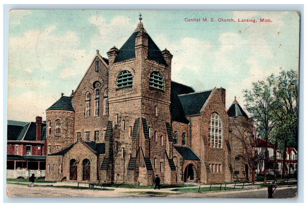 1912 Central ME Church Exterior Building Chapel Street Lansing Michigan Postcard
