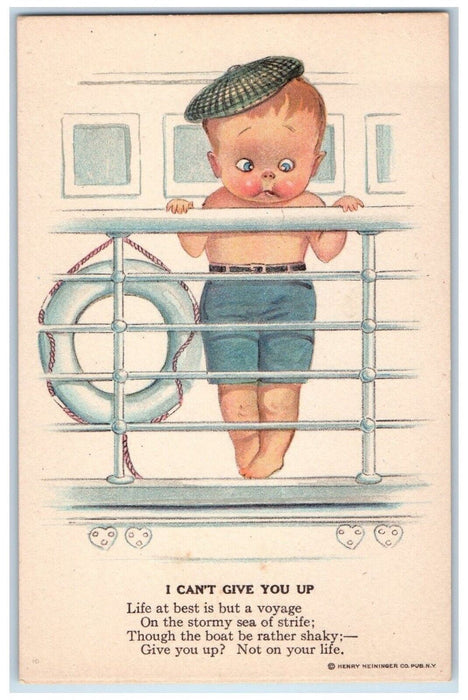 c1910's Little Boy Commit Suicide Lifeboat I Can't Give You Up Antique Postcard