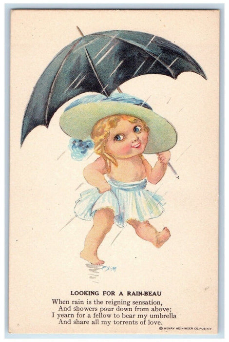 c1910's Little Girl Barefoot Umbrella Raining Looking For A Rain Beau Postcard
