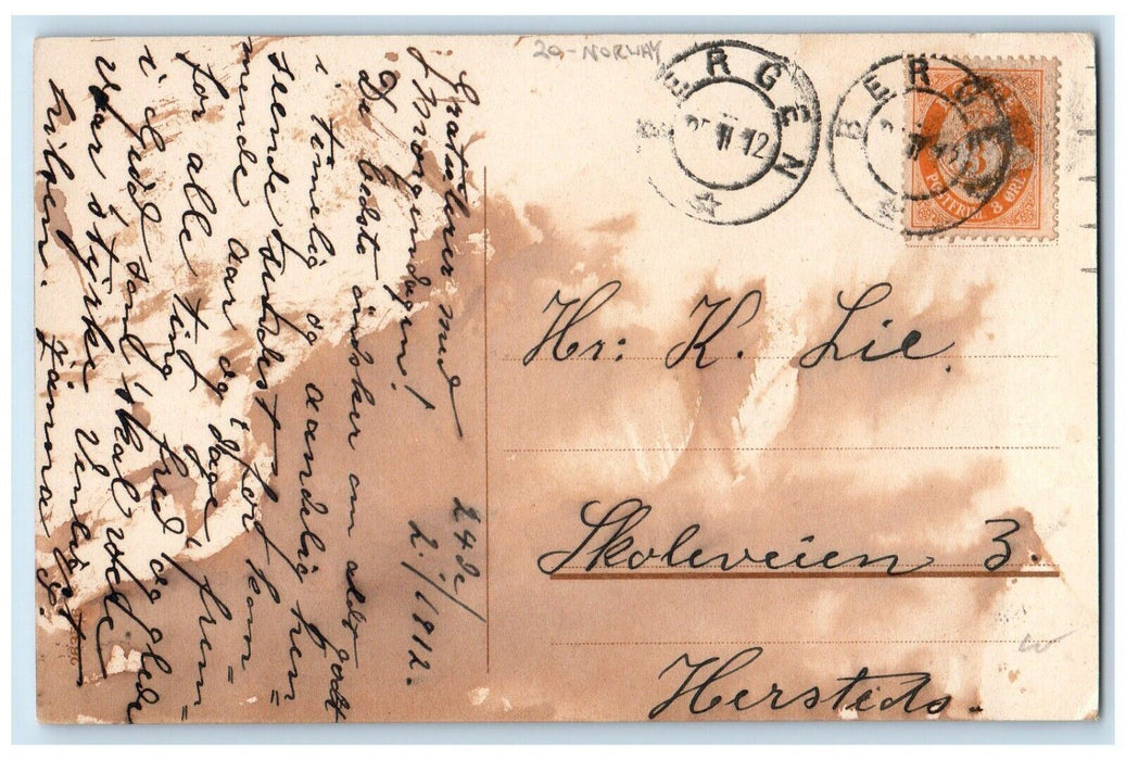 1912 Three Girls Children Flowers Bouquet Letter Norway Posted Antique Postcard