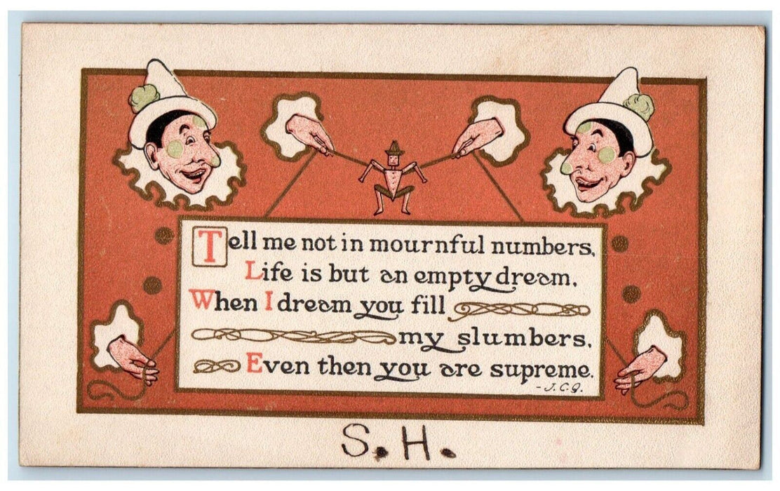 c1910's Jester Clown Marionette Mournful Numbers Unposted Antique Postcard