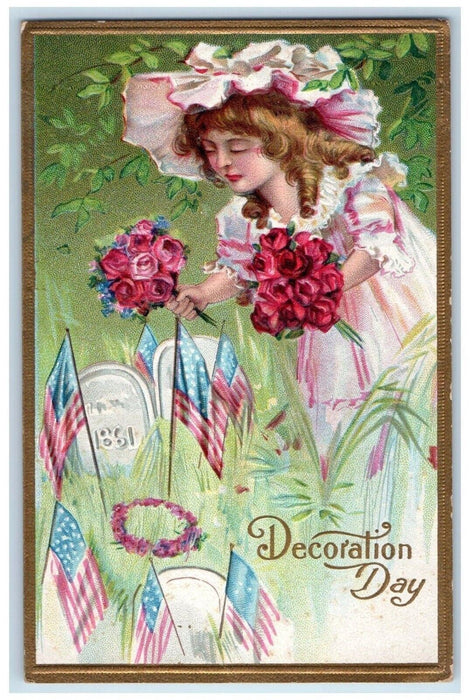 c1910's Decoration Day Girl Flowers And Flags Gar Civil War Winsch Back Postcard