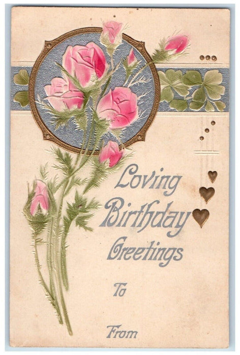 c1910's Birthday Greetings Flowers Clover Art Nouveau Embossed Antique Postcard