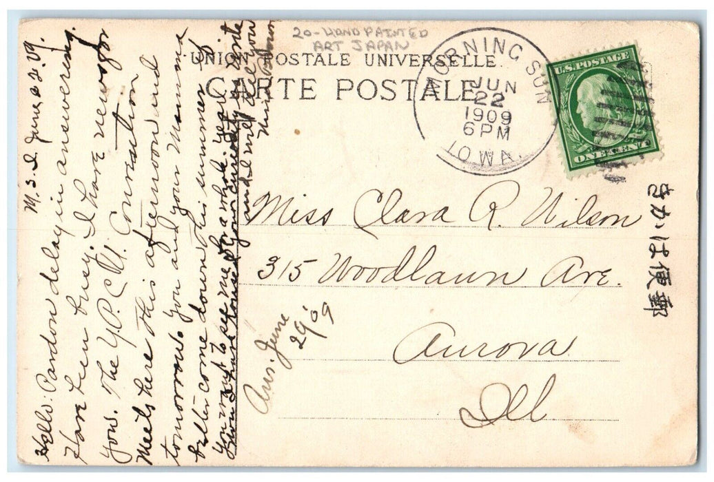 1909 Handpainted Art Japan Morning Sun Iowa IA Posted Antique Postcard