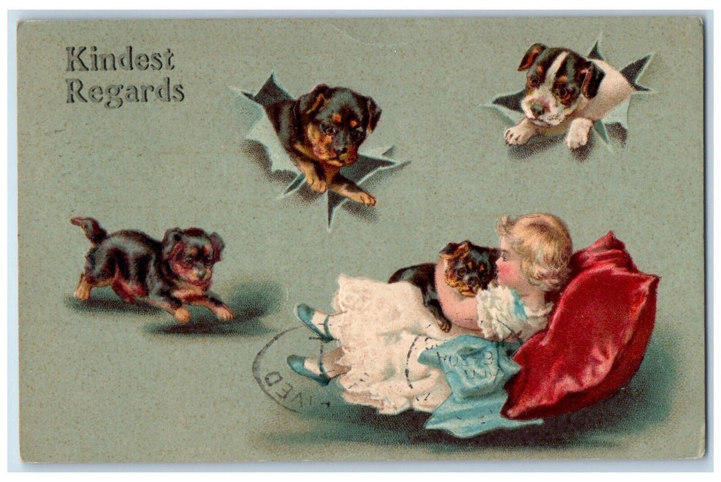 1908 Kindest Regards Dogs And Little Girl Morning Sun Iowa IA Antique Postcard