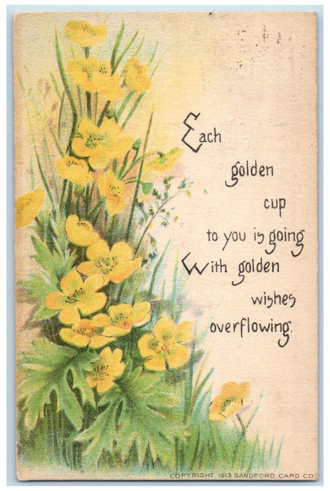1913 Golden Wishes Qoute Yellow Flowers Sandford Rochester New York NY Postcard