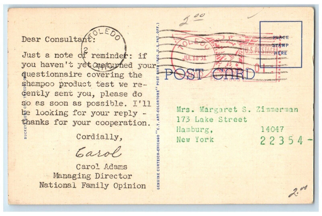 1951 Lucas County Court House Park Exterior Field Toledo Ohio Reminder Postcard